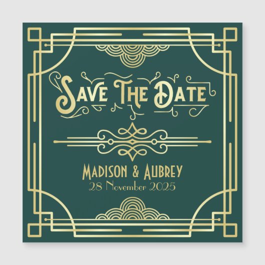 Art Deco Wedding Elegant Gold Green Save the Date (Voorkant)