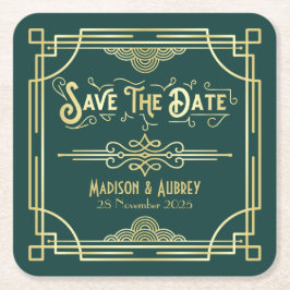 Art Deco Wedding Elegant Gold Green Save the Date Kartonnen Onderzetters