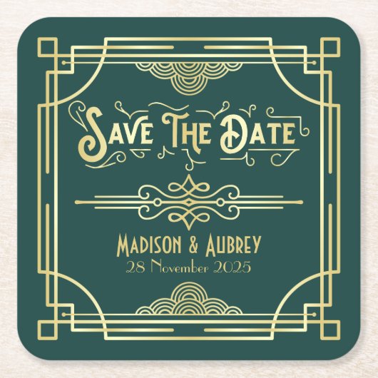 Art Deco Wedding Elegant Gold Green Save the Date Kartonnen Onderzetters (Voorkant)