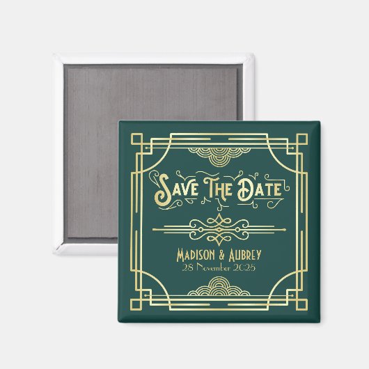 Art Deco Wedding Elegant Gold Green Save the Date Magneet (Voorkant / Achterkant)