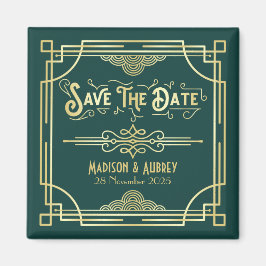 Art Deco Wedding Elegant Gold Green Save the Date Magneet