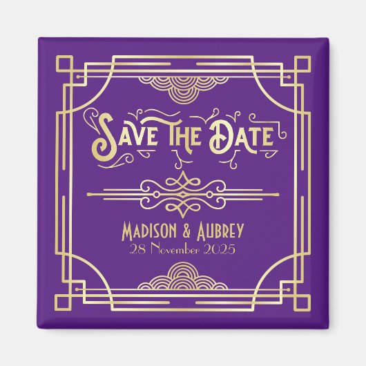 Art Deco Wedding Elegant Gold Paars Save the Date Magneet (Voorkant)