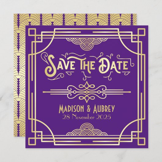Art Deco Wedding Elegant Gold Paarse Great Gatsby Save The Date (Voorkant / Achterkant)