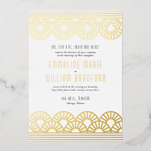 Art Deco Wedding Fan White Gold Foil Uitnodiging (Voorkant)