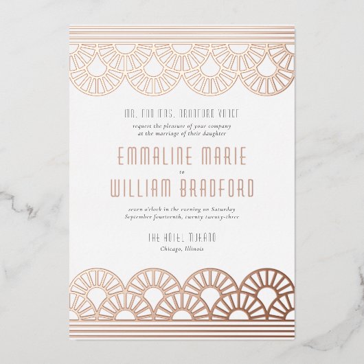 Art Deco Wedding Fan White Rose Gold Folie Uitnodiging (Voorkant)