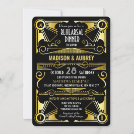 Art Deco Wedding Gold & Black Rehearsal Dinner Kaart
