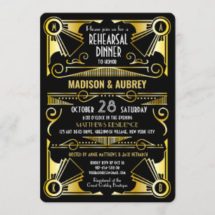 Art Deco Wedding Gold & Black Rehearsal Dinner Kaart