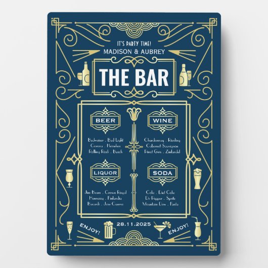 Art Deco Wedding Gold Blue Open Bar Menu Fotoplaat (voorkant)