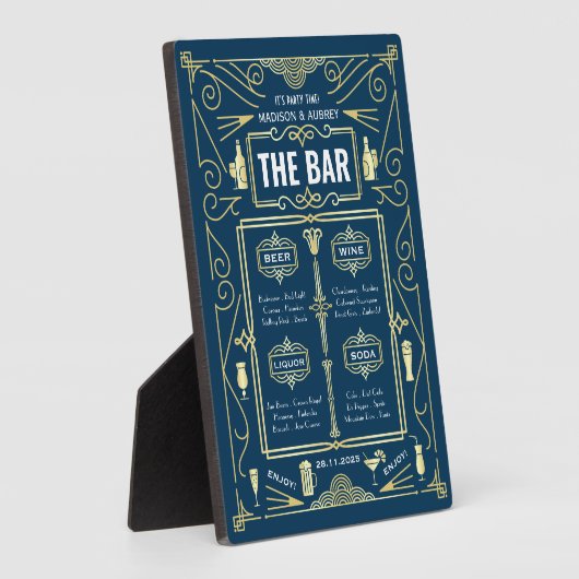 Art Deco Wedding Gold Blue Open Bar Menu Fotoplaat (Zijkant)