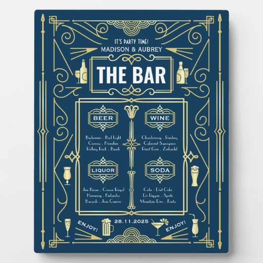 Art Deco Wedding Gold Blue Open Bar Party Menu Fotoplaat (Voorkant)