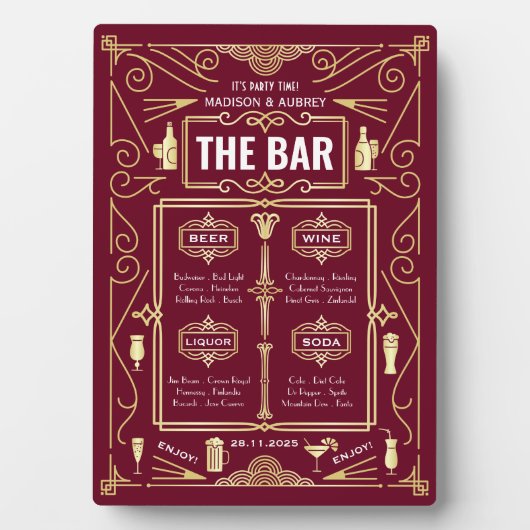 Art Deco Wedding Gold Burgundy Open Bar Fotoplaat (voorkant)