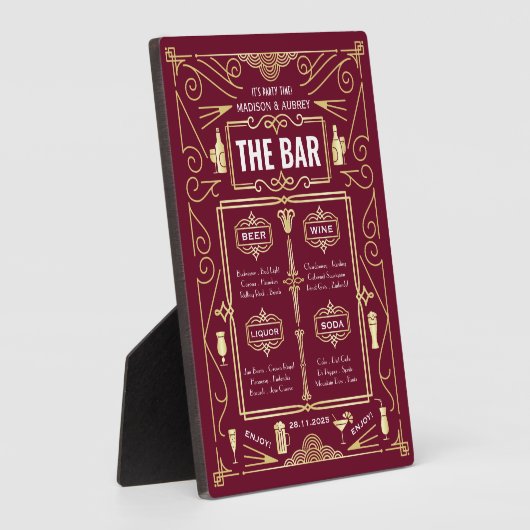 Art Deco Wedding Gold Burgundy Open Bar Fotoplaat (Zijkant)