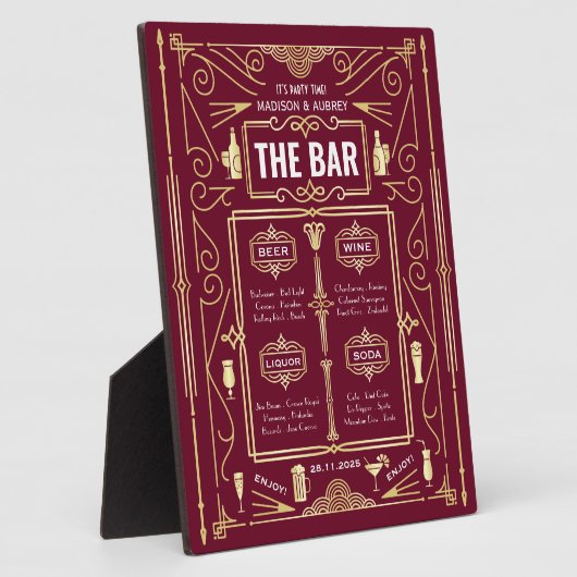 Art Deco Wedding Gold Burgundy Open Bar Menu Fotoplaat (Zijkant)