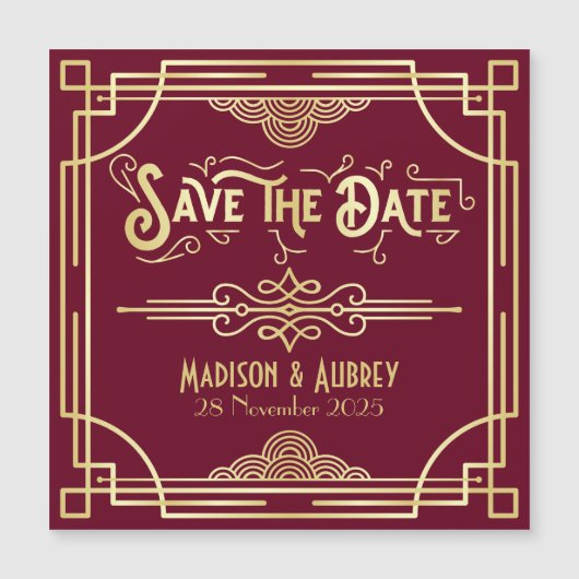 Art Deco Wedding Gold Burgundy Save the Date (Voorkant)