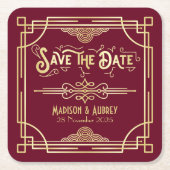 Art Deco Wedding Gold Burgundy Save the Date Kartonnen Onderzetters (Voorkant)