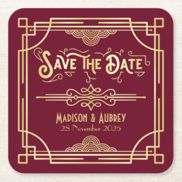 Art Deco Wedding Gold Burgundy Save the Date Kartonnen Onderzetters