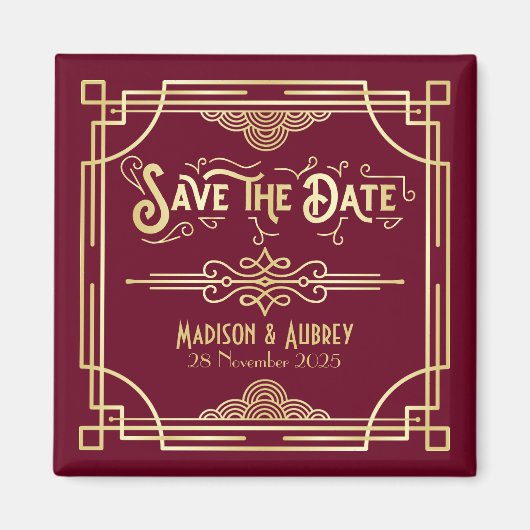 Art Deco Wedding Gold Burgundy Save the Date Magneet (Voorkant)