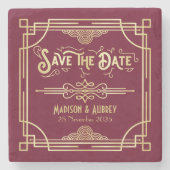 Art Deco Wedding Gold Burgundy Save the Date Stenen Onderzetter (Voorkant)