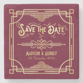 Art Deco Wedding Gold Burgundy Save the Date Stenen Onderzetter