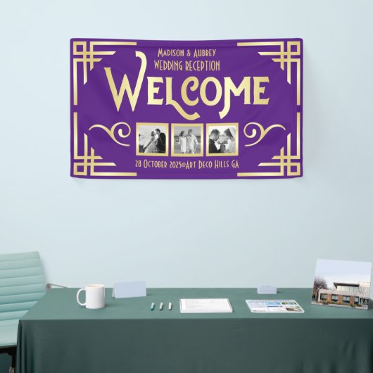 Art Deco Wedding Gold Paarse Drie Foto Welkom Spandoek (Beurs)