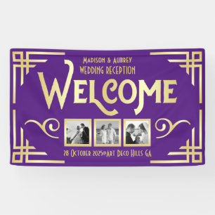 Art Deco Wedding Gold Paarse Drie Foto Welkom Spandoek