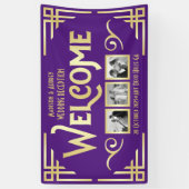 Art Deco Wedding Gold Paarse Drie Foto Welkom Spandoek (Verticaal)