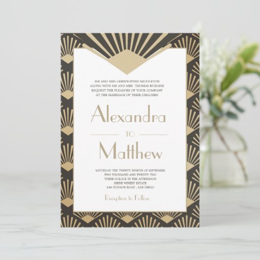 Art Deco Wedding Gold Pattern Roaring Twenties Kaart (Staand voorkant)