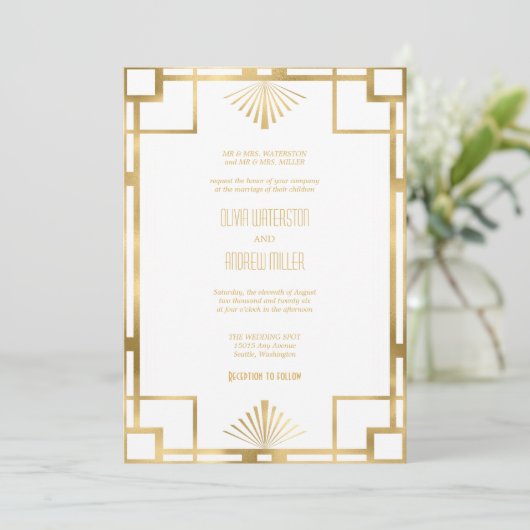 Art Deco Wedding | Goud en wit Kaart (Staand voorkant)
