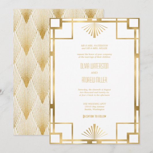 Art Deco Wedding | Goud en wit Kaart (Voorkant / Achterkant)