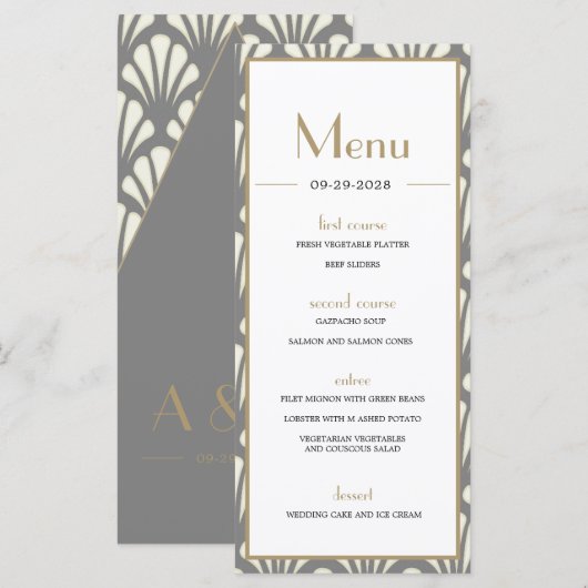 Art Deco Wedding Gray Roaring Twenties  Menu (Voorkant / Achterkant)