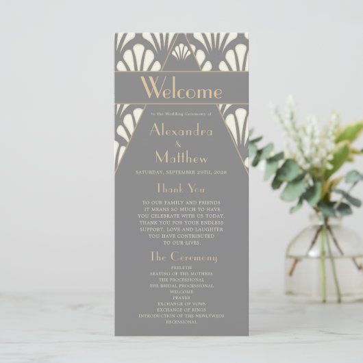 Art Deco Wedding Gray Roaring Twenties  Programmakaart (Staand voorkant)