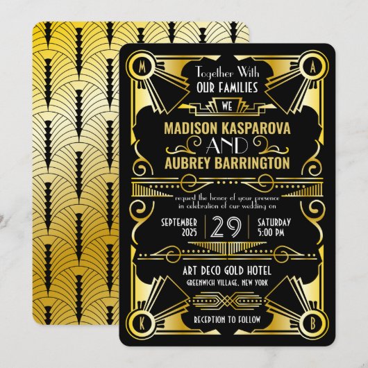 Art Deco Wedding Great Gatsby Black & Gold Kaart (Voorkant / Achterkant)