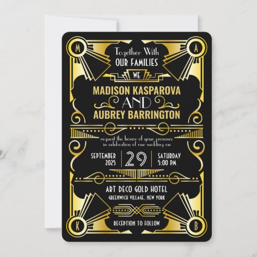 Art Deco Wedding Great Gatsby Black & Gold Kaart (Voorkant)