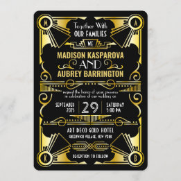 Art Deco Wedding Great Gatsby  Black & Gold Kaart
