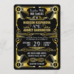 Art Deco Wedding Great Gatsby  Black & Gold Kaart
