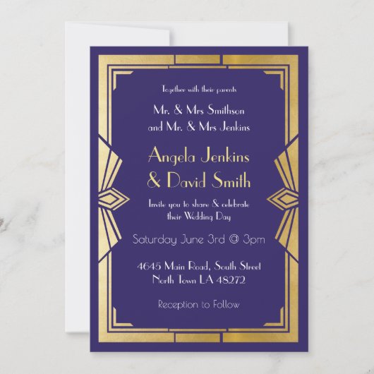 Art Deco Wedding Invitation 1920s Gatsby Navy Gold Kaart (Voorkant)