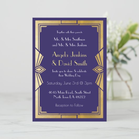 Art Deco Wedding Invitation 1920s Gatsby Navy Gold Kaart (Staand voorkant)