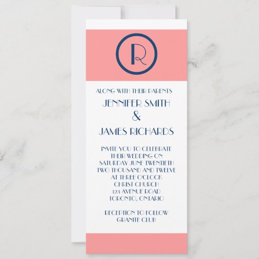 Art Deco Wedding Invitation Coral Navy Blue WHite Kaart (Voorkant)
