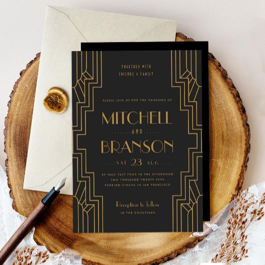 Art Deco Wedding Invitation Gold Black Gay Wedding Kaart
