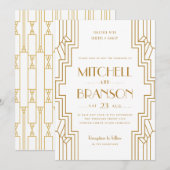 Art Deco Wedding Invitation Gold White Gay Couple Kaart (Voorkant / Achterkant)