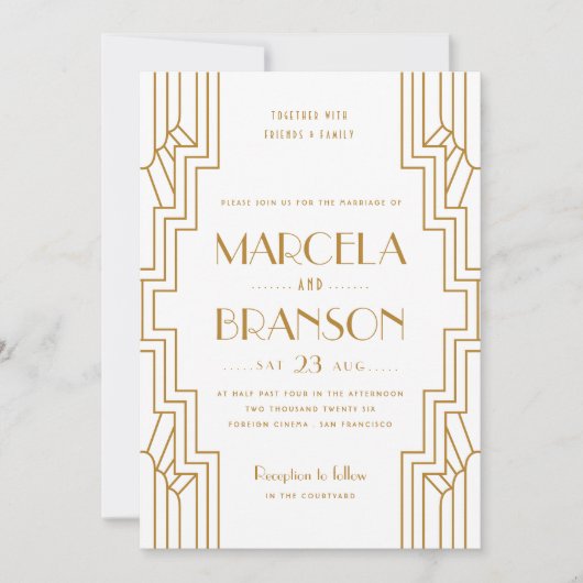 Art Deco Wedding Invitation in Gold en White Kaart (Voorkant)