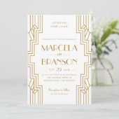Art Deco Wedding Invitation in Gold en White Kaart (Staand voorkant)