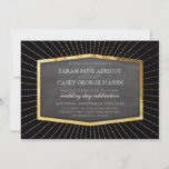 ART DECO WEDDING INVITE Gold sunburst chalkboard Kaart<br><div class="desc">OPMERKING: de gouden folie ziet er uit als een gedrukte fotoEen geweldige gatsby, een op de vlamstijl van 1940 geïnspireerde uitnodiging voor uw WEDDING of andere gebeurtenissen, zoals een VERLOVING of SPECIALE JUBILEUM. Wauw uw vrienden en familie met dit kleine aantal;DSetup als sjabloon is het eenvoudig voor u om uw...</div>