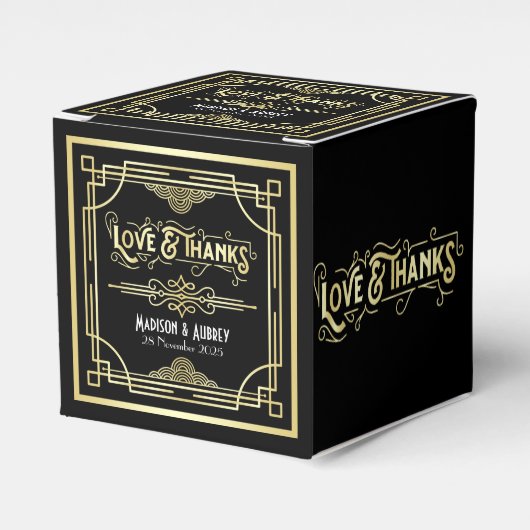 Art Deco Wedding Love & Bedankt Gold Black Favor Bedankdoosjes (Voorkant Zijde)