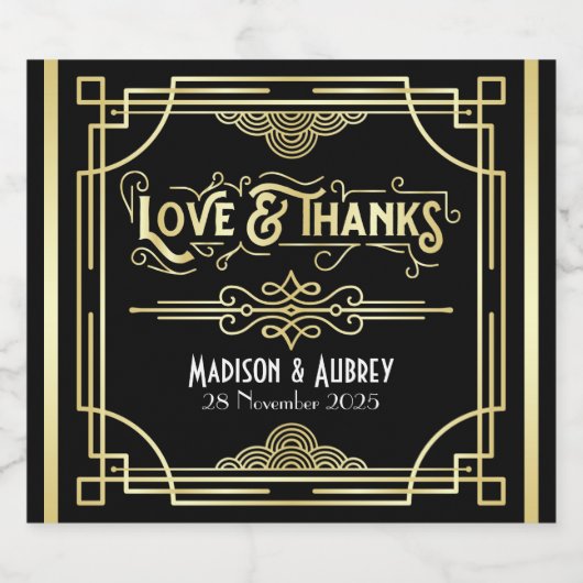Art Deco Wedding Love & Bedankt Gold Black Favor Likeurfles Etiket (Enkel label)