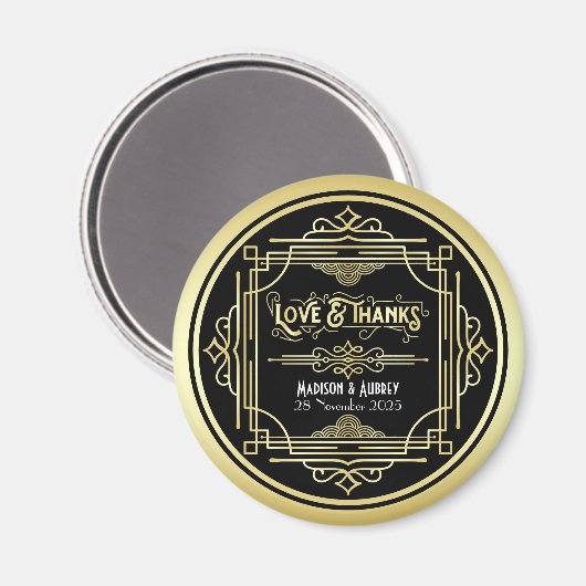 Art Deco Wedding Love & Bedankt Gold Black Favor Magneet (Voorkant / Achterkant)