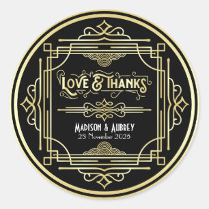 Art Deco Wedding Love & Bedankt Gold Black Favor Ronde Sticker