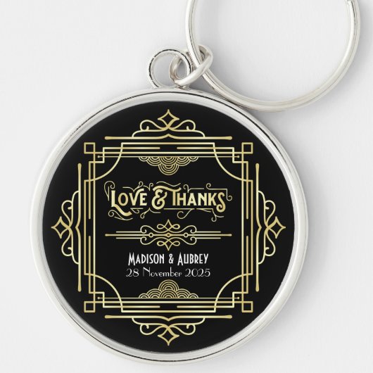 Art Deco Wedding Love & Bedankt Gold Black Favor Sleutelhanger (Voorkant)