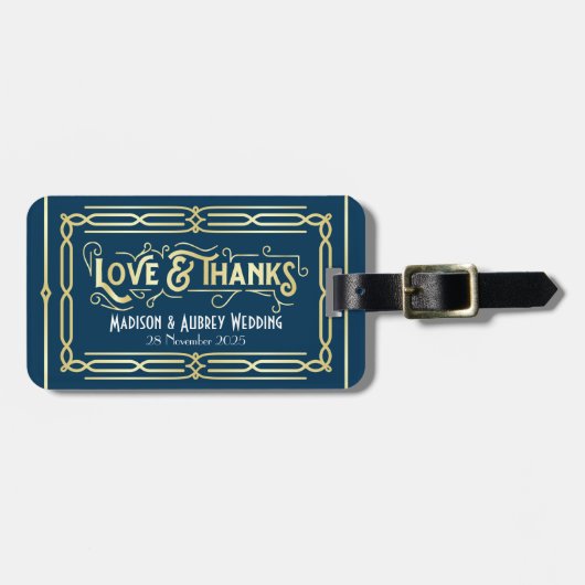 Art Deco Wedding Love & Bedankt Gold Blue Favor Bagagelabel (Voorkant horizontaal)