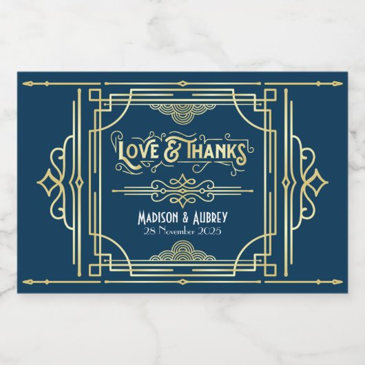 Art Deco Wedding Love & Bedankt Gold Blue Favor Likeurfles Etiket (Enkel label)